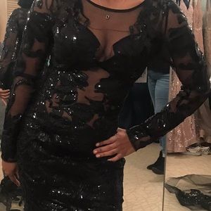 Black Jovani Long Sleeve Embellished Sheer Gown